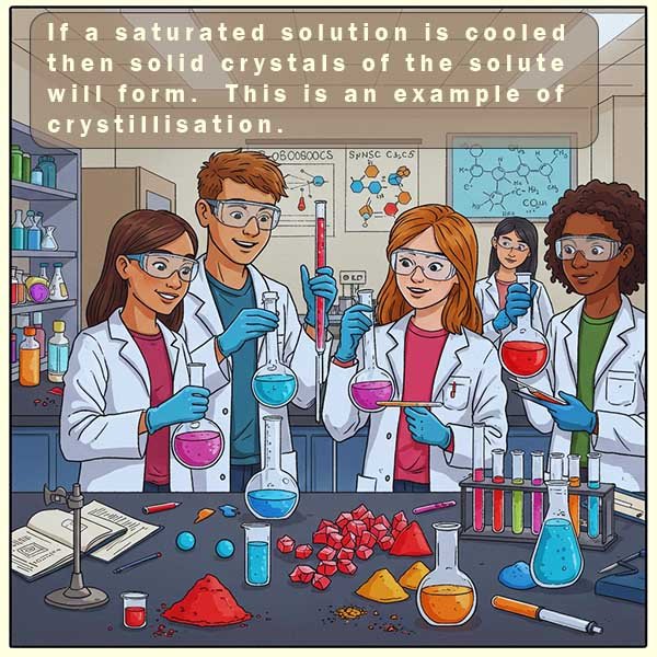 images shows that when a saturated solution is cooled crystals will form
